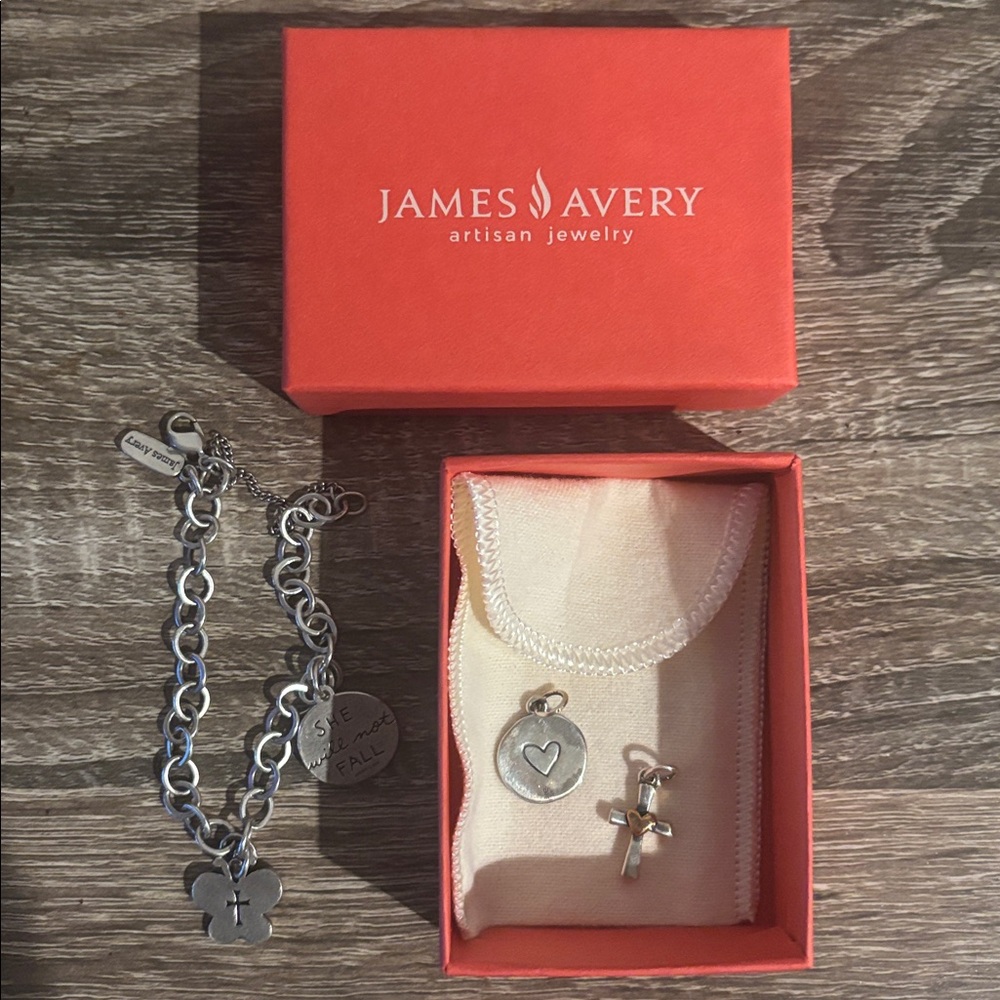 James Avery Silver Charm Bracelet with Cross and Heart
